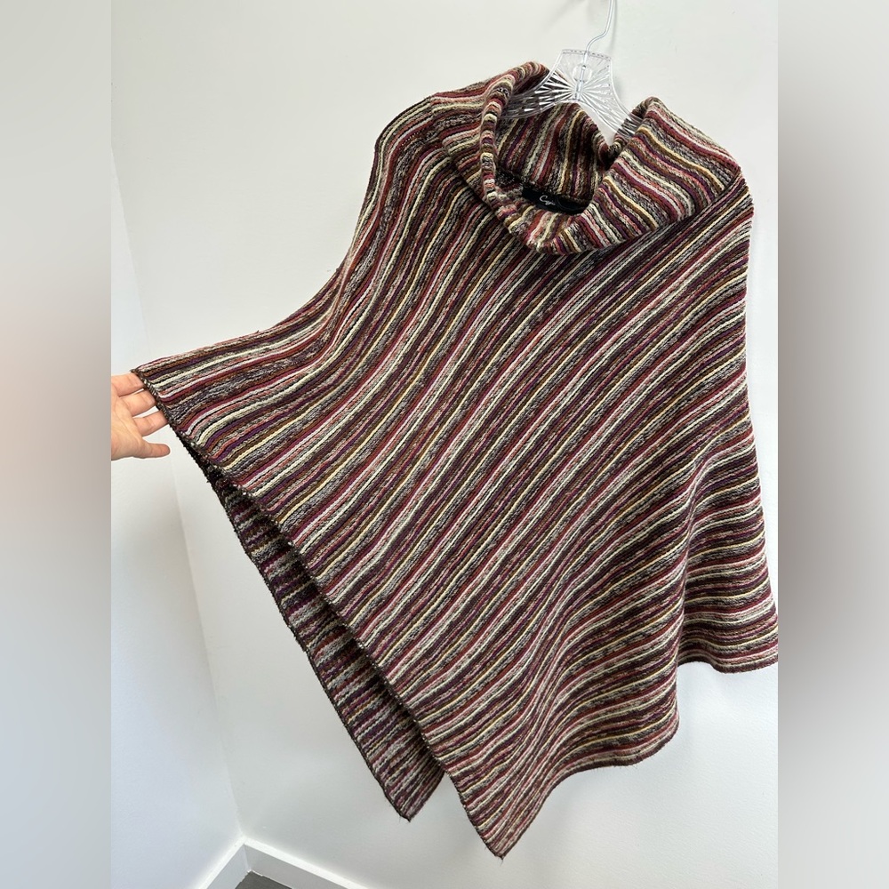 Striped Multi-color Funnel neck Knit Poncho One Size - Picture 5 of 7
